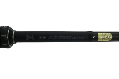 Close-up of a Shimano Poison Adrena PAD1611MA 6'11" Medium+ used casting rod from the Rod and Reel Trade-In Program, in excellent condition. The black rod displays details like lure weight, length, code number, and "Made in China" against a plain light background.
