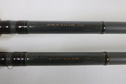 Two Fenwick Techna Av Used Casting Rods—AVC79HF (7’9”, 3/8-2oz.) and AVC71HF (7’1”) in very good condition with dark finishes and gold accents. Trade-in your gear for store credit on your next Fenwick upgrade!.