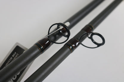 Two Fenwick Techna Av AVC79HF and AVC71HF casting rods, used and in very good condition, are shown side by side with close-up details of the guides—ideal for those shopping quality pre-owned Fenwick gear.