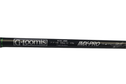 Close-up of the G. Loomis IMX-PRO Ledge 913C JWR 7'7" Medium Heavy Used Casting Rod in mint condition—eligible for our Rod and Reel Trade-In Program to earn store credit on used gear.