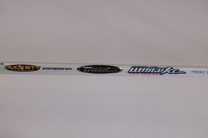 A close-up of a used Duckett White Ice TR-DFWI68MHS 6'8" Medium Heavy spinning rod in good condition. Great for those trading in used gear or earning store credit with our Rod and Reel Trade-In program.