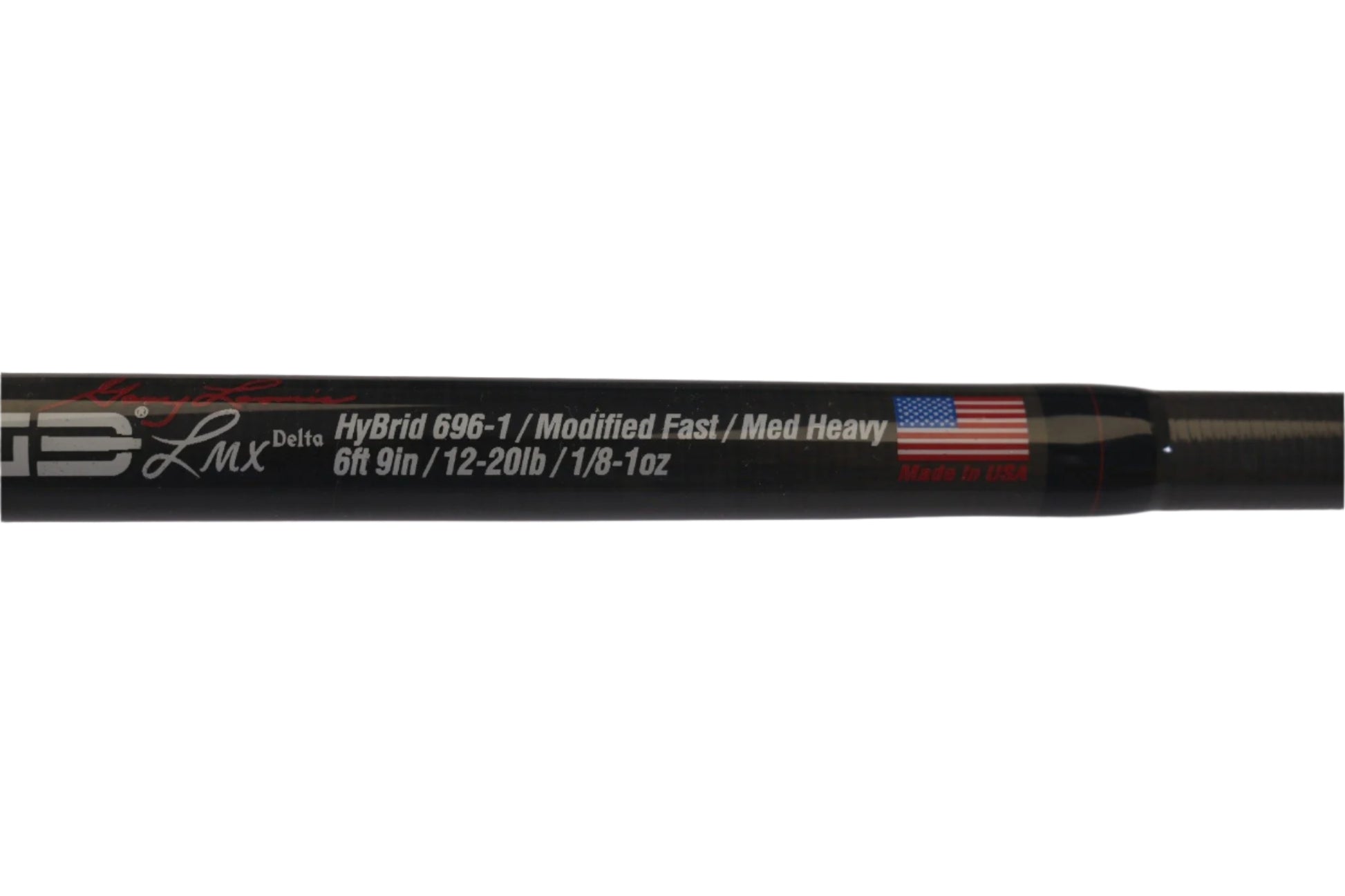 Close-up of Edge Rods LMX Delta HyBrid 696-1 6'9" Medium Heavy Used Casting Rod in excellent condition, with specs shown and a "Made in USA" flag. Perfect for Rod and Reel Trade-In—turn your used gear into store credit!.
