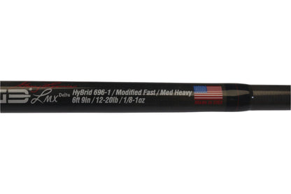 Close-up of Edge Rods LMX Delta HyBrid 696-1 6'9" Medium Heavy Used Casting Rod in excellent condition, with specs shown and a "Made in USA" flag. Perfect for Rod and Reel Trade-In—turn your used gear into store credit!.
