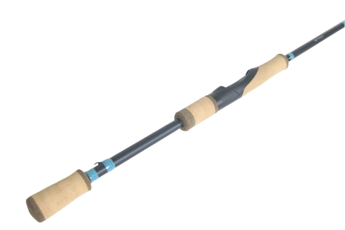 The G. Loomis NRX+ 902S SJR Used Spinning Rod features a black body with cork handle grips and blue accents near the reel seat and ends, ideal for upgrading through the Rod and Reel Trade-In Program. The rod is shown on a white background.