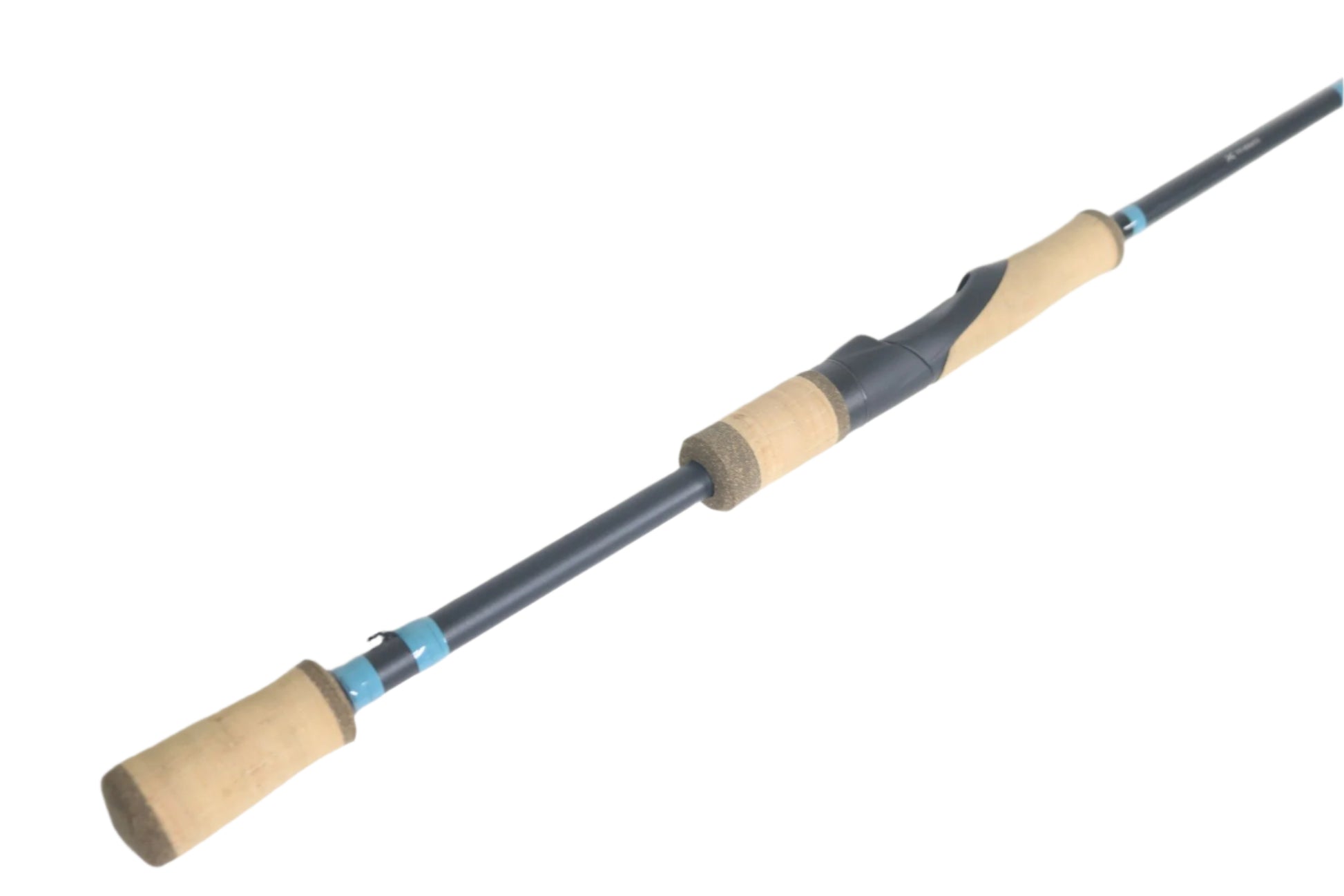 The G. Loomis NRX+ 902S SJR Used Spinning Rod features a black body with cork handle grips and blue accents near the reel seat and ends, ideal for upgrading through the Rod and Reel Trade-In Program. The rod is shown on a white background.