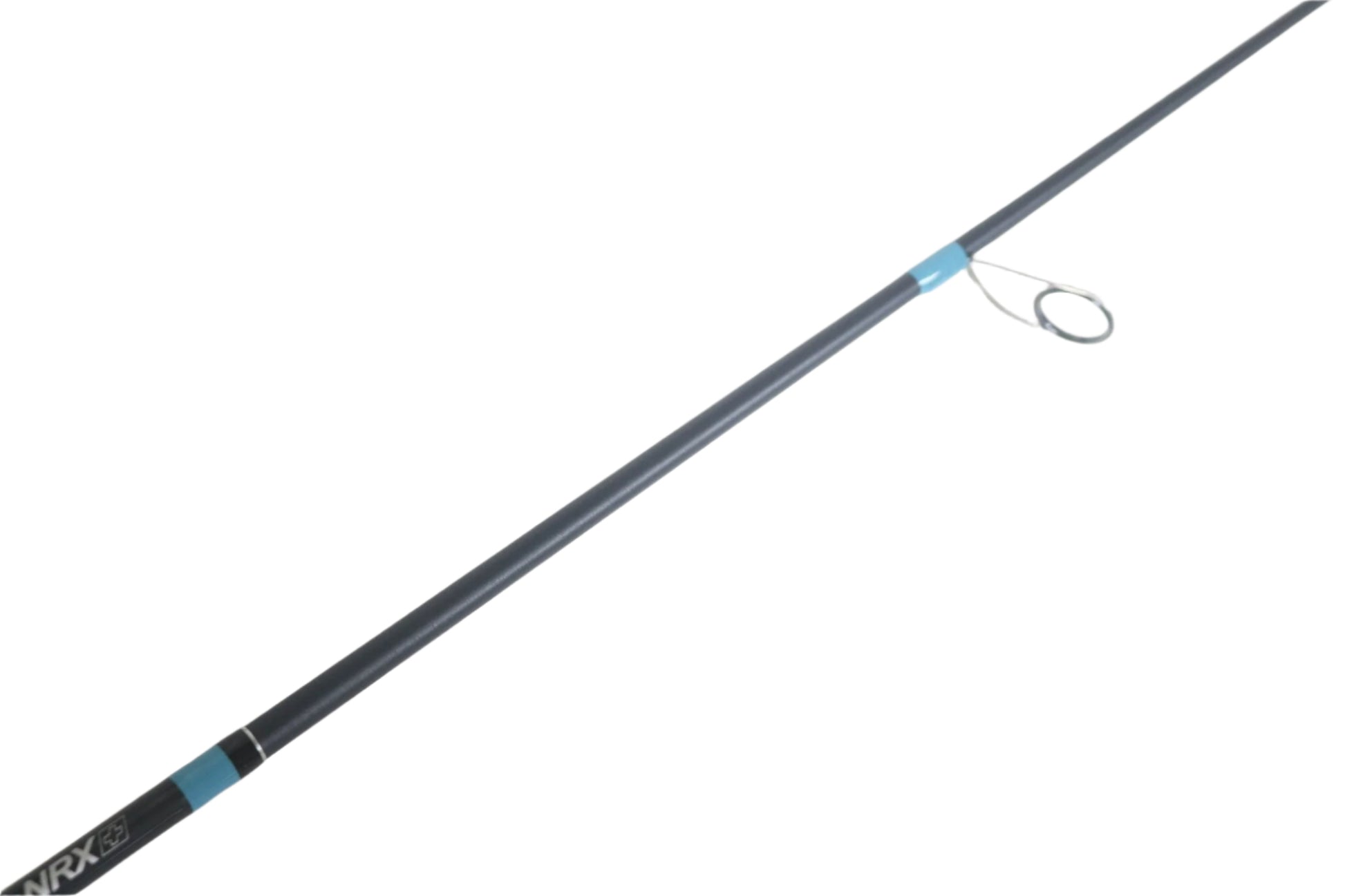 The G. Loomis NRX+ 902S SJR Used Spinning Rod, with its sleek black and blue design and visible eyelet near the tip, is diagonally positioned against a white background. Part of our Rod and Reel Trade-In Program, it's ideal for those seeking quality used gear in excellent condition.