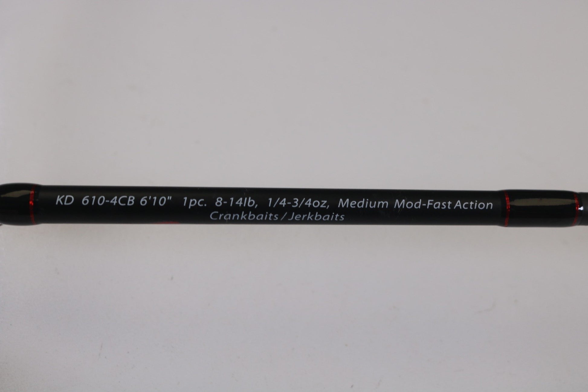 A close-up of the Dobyns Kaden KD6104CB 6'10" Medium Crankbait Used Casting Rod (Very Good Condition) with specs shown. Ideal for our Rod and Reel Trade-In Program or to add to your used Dobyns gear collection.