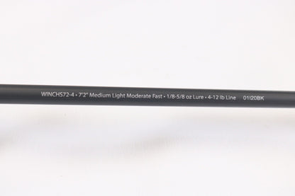 A close-up of the Abu Garcia Winch WINCHS72-4 7'2" Medium Light Used Spinning Rod in excellent condition, perfect for trade-ins, with white specs text on black: "WINCHS72-4 · 7’2” ML · 1/8-5/8 oz Lure · 4-12 lb Line · 0120BK".