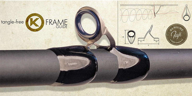 Close-up of the Falcon LowRider "Composite Cranker II" 7'6" Medium Heavy Casting Rod (CLC-76MH) with tangle-free K frame Fuji guides. The eyelet and frame are shown in detailed illustrations, while a logo confirms genuine Falcon LowRider Series components.