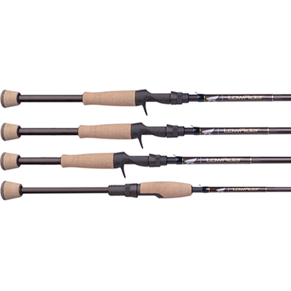 The Falcon LowRider "Composite Cranker II" 7'6" Medium Heavy Casting Rod (CLC-76MH) from the LowRider Series features a sleek, modern design with cork handles, black shafts, a reel seat, and durable Fuji guides.