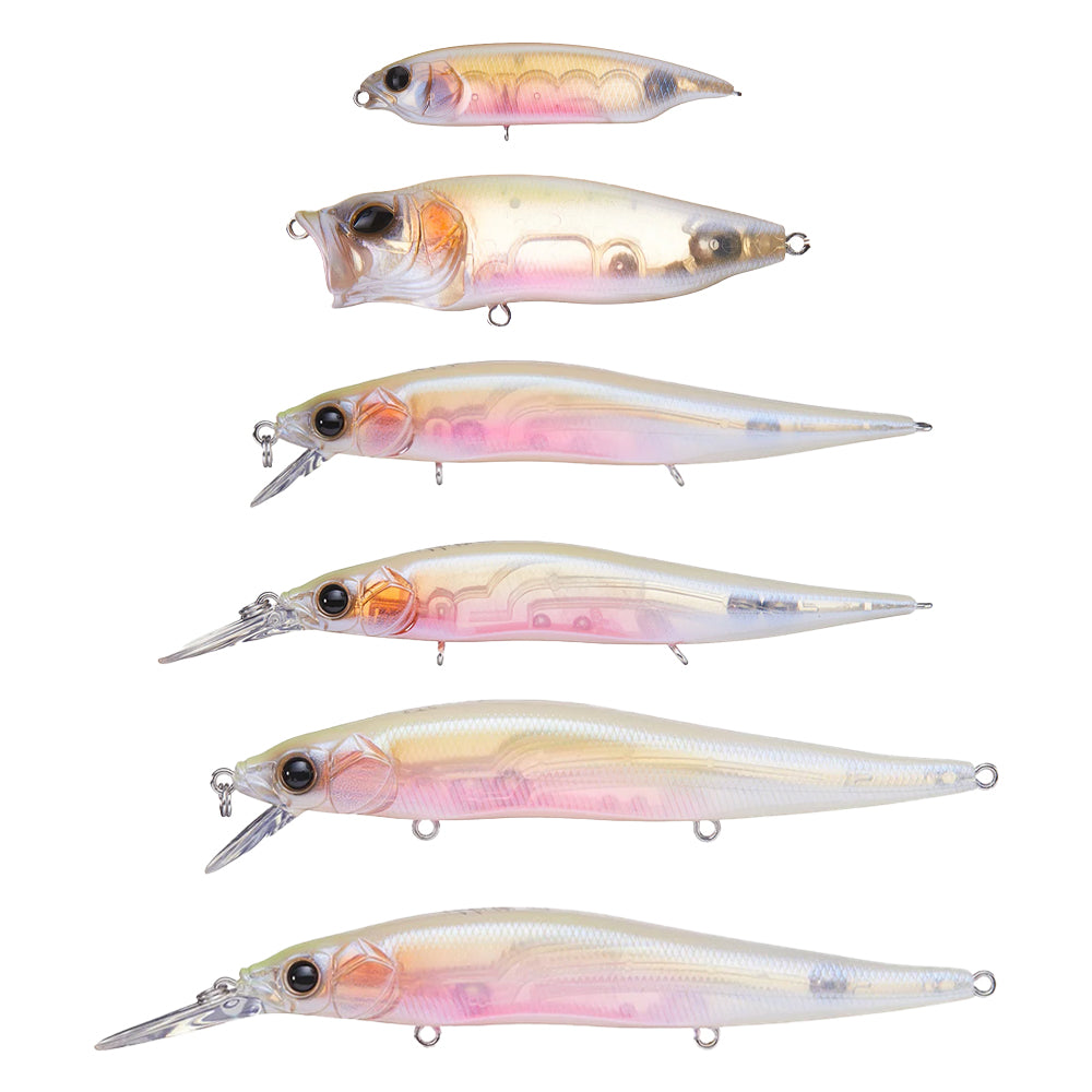 The Megabass GP Baby Kingyo Collection from American Legacy Fishing includes six vertically aligned lures in different sizes. Featuring shiny, reflective surfaces with pink, yellow, and metallic gradients, these lures resemble bait fish and come equipped with small hooks.