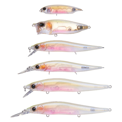 The Megabass GP Baby Kingyo Collection from American Legacy Fishing includes six vertically aligned lures in different sizes. Featuring shiny, reflective surfaces with pink, yellow, and metallic gradients, these lures resemble bait fish and come equipped with small hooks.