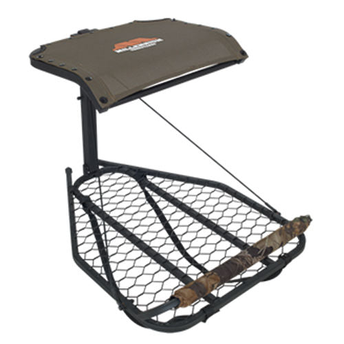 The Millennium M50 Hang On Leveling Steel Tree Stand by Millennium features a mesh foot platform, camo padded seat, and a compact overhead fabric canopy for cover; SafeLink included.