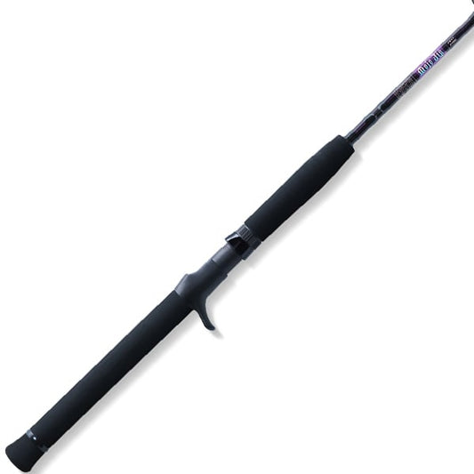 The St. Croix Mojo Jig 5'8" Extra Heavy Conventional Rod (MJJC58XHMF) is a black SCII graphite saltwater jigging rod with a foam handle and trigger grip, shown isolated on a white background.