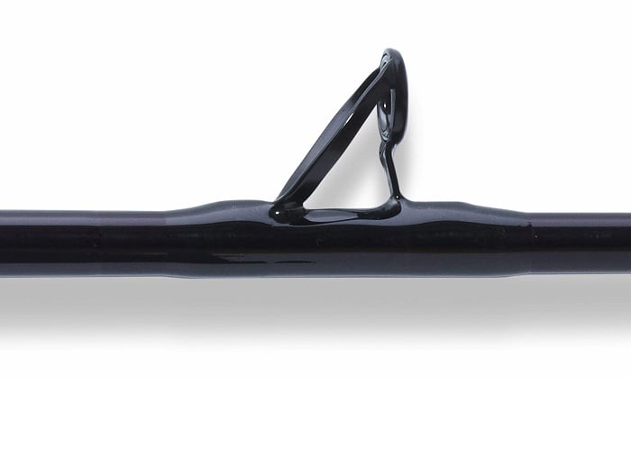 Close-up of a black guide on the St. Croix Mojo Salt 8'0" Heavy Conventional Rod (MSWC80HMF), designed to direct fishing line along the rod—perfect for heavy-duty conventional or boat fishing setups.