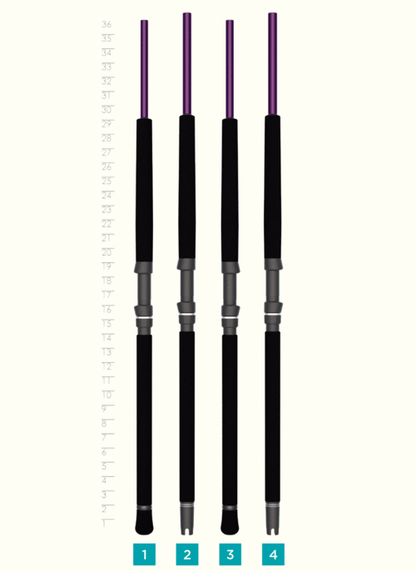 Four St. Croix Mojo Salt 7'0" Medium Spinning Rods (MSWS70MF) are shown upright against a measuring chart, labeled 1 to 4. Each features a black handle and purple tip, ranging from 27 to 36 inches in height.