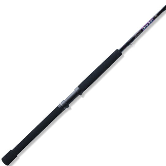 The St. Croix Mojo Salt 7'6" Medium Heavy Spinning Rod (MSWS76MHF) features foam grip handles, a metal reel seat, and "HOLD SALT" branding—perfect for anglers seeking a reliable saltwater boat rod.