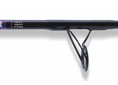 Close-up of a St. Croix Mojo Salt 7'0" Medium Spinning Rod (MSWS70MF) showing a line guide and part of the branding with white text on a dark background.