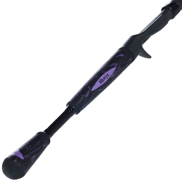 Close-up of the St. Croix Mojo Yak 7'6" Medium Heavy Casting Rod (MYC76MHF) handle shows a textured black grip, purple accents, and a "Mojo" label.