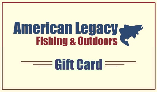 The image showcases the American Legacy Fishing Gift Cards from americanlegacyfishing, featuring an energetic silhouette of a jumping fish. Set against a cream background, the blue and red text is accentuated by horizontal lines. Perfect for fishing retail store enthusiasts or as versatile e-cards.