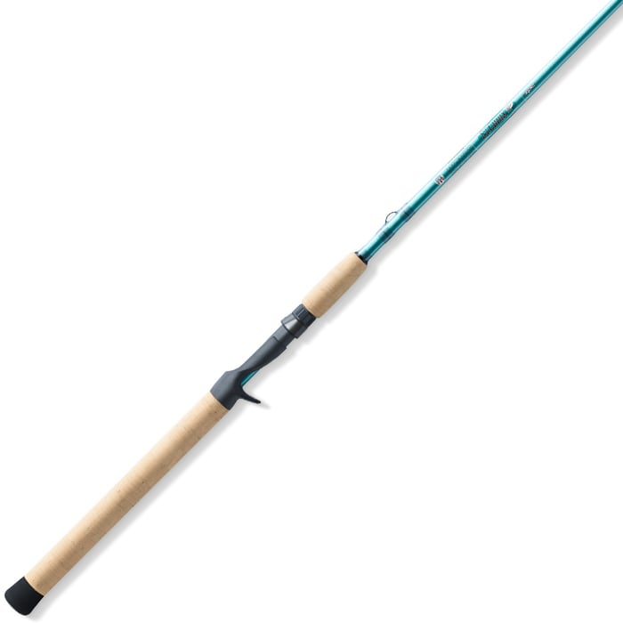 The St. Croix Avid Inshore 8'0" Medium Heavy Casting Rod (VIC80MHF) is shown diagonally on a white background, featuring a cork handle and black reel seat with a teal rod blank.