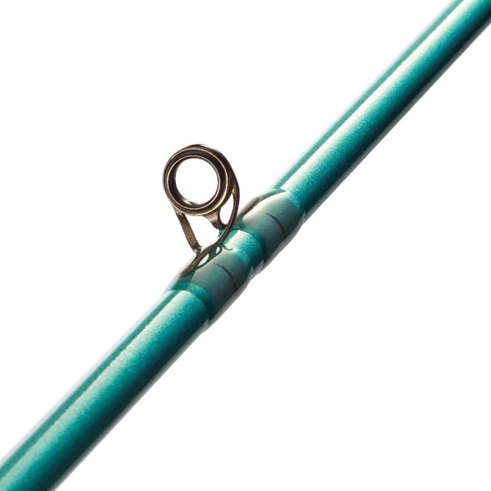 Close-up of the St. Croix Avid Inshore 8'0" Medium Heavy Casting Rod (VIC80MHF) showing a single metal guide ring attached with wrapping thread against a white background.