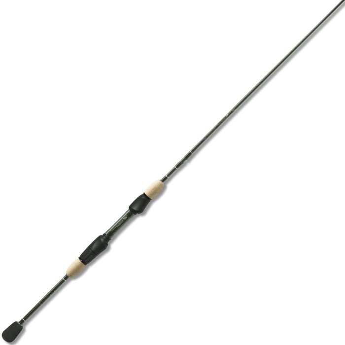 Introducing the St. Croix Legend Elite Panfish 6'9" Light Spinning Rod | LEP69LF from American Legacy Fishing. This sleek rod features a light-colored cork handle with a black grip and boasts a long, slender graphite or carbon fiber body that extends into a shiny metallic tip. Equipped with Taper Enhancement Technology, it delivers extreme sensitivity, making it perfect for both freshwater and saltwater fishing adventures.