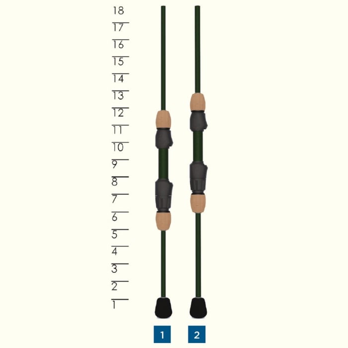 The pair of green St. Croix Legend Elite Panfish 6'9" Light Spinning Rods from americanlegacyfishing are designed with Extreme Sensitivity and feature markings from 1 to 18 on the left. They have adjustable sections, black and beige grips, and utilize Taper Enhancement Technology to enhance performance, finishing with labeled black tips at the end.