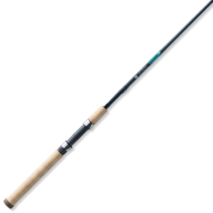 The St. Croix Premier 6'0" Medium Light Spinning Rod from americanlegacyfishing features a sleek black shaft made of SCII graphite and a light brown cork handle, with metal components near the handle to securely fasten your fishing line.