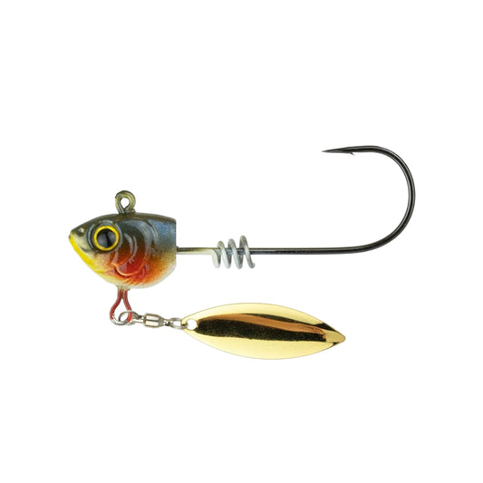 The 6th Sense Divine Underspin from 6th Sense features a fish-shaped, multicolored head, screwlock keeper, shiny gold oval blade, and large single hook for an irresistible underspin jig presentation.
