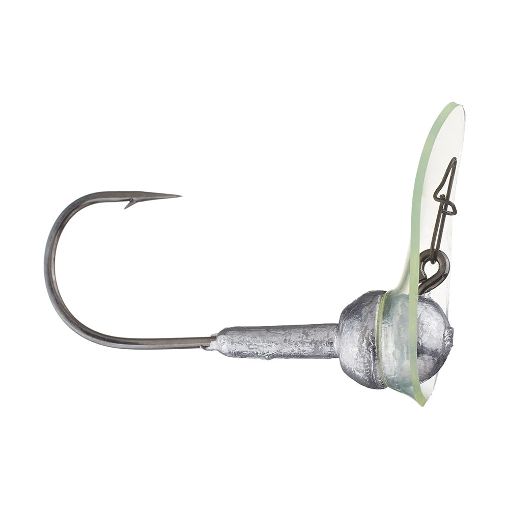 The Jenko Fishing TN River Tremor Head by Jenko Fishing is a metal vibrating jig head with a sharp Mustad hook, weighted silver head, and a translucent plastic front blade for extra water movement.