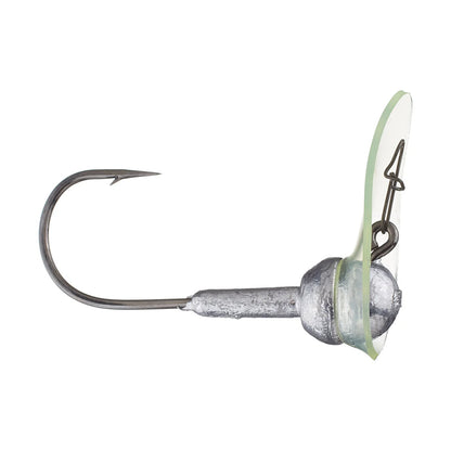 The Jenko Fishing TN River Tremor Head by Jenko Fishing is a metal vibrating jig head with a sharp Mustad hook, weighted silver head, and a translucent plastic front blade for extra water movement.