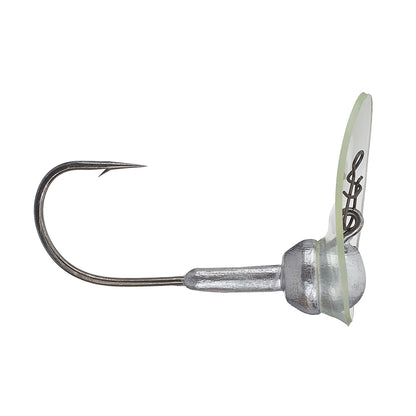 The Jenko Fishing TN River Tremor Head by Jenko Fishing features a metal weighted jig head, sharp Mustad hook, and a clear plastic guard extending upward from the head.