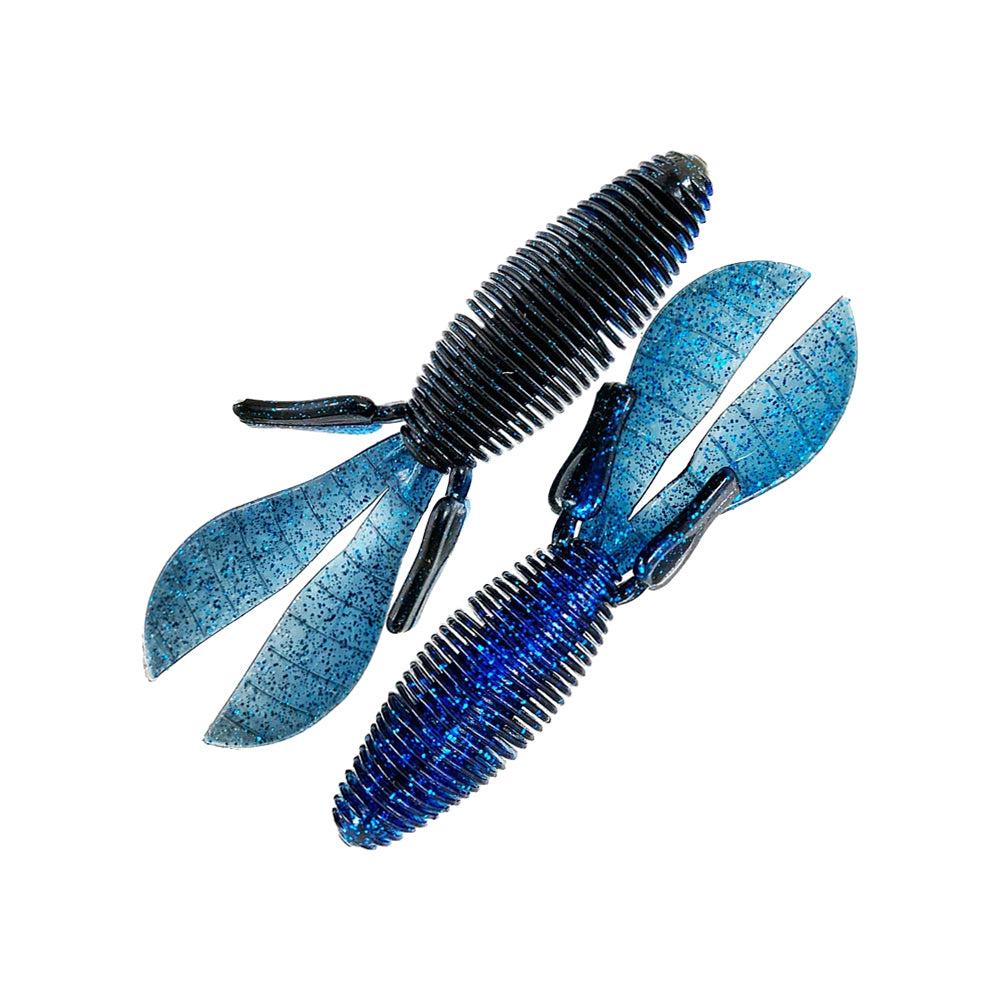 Two blue/black Missile Baits Baby D Bomb 3.65" soft plastic lures with claw-like appendages, ideal as flipping bait or for finesse fishing. Seven-pack by Missile Baits shown on a white background, designed to mimic crayfish.
