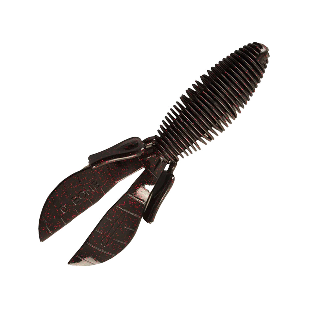 The Missile Baits Baby D Bomb 3.65" 7pk is a soft plastic crawfish-shaped lure with a ribbed body and claw-like appendages, in dark brown with red specks—ideal for flipping or finesse fishing.