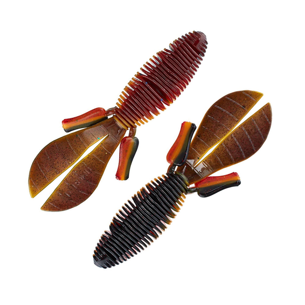 Two brown and black Missile Baits Baby D Bomb 3.65" soft plastic lures, each with segmented bodies and leaf-shaped appendages, ideal for flipping or finesse fishing, from Missile Baits—shown on a white background.