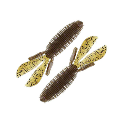 Two Missile Baits Baby D Bomb 3.65" soft plastics by Missile Baits, featuring ribbed brown bodies and yellow speckled twin tails resembling larvae, are shown on a white background—ideal for finesse fishing.