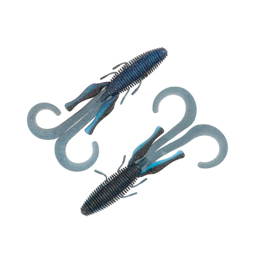 Two blue and black Missile Baits D Stroyer lures from Missile Baits, featuring ribbed bodies, curly tails, and multiple appendages to mimic aquatic creatures, are displayed on a white background.