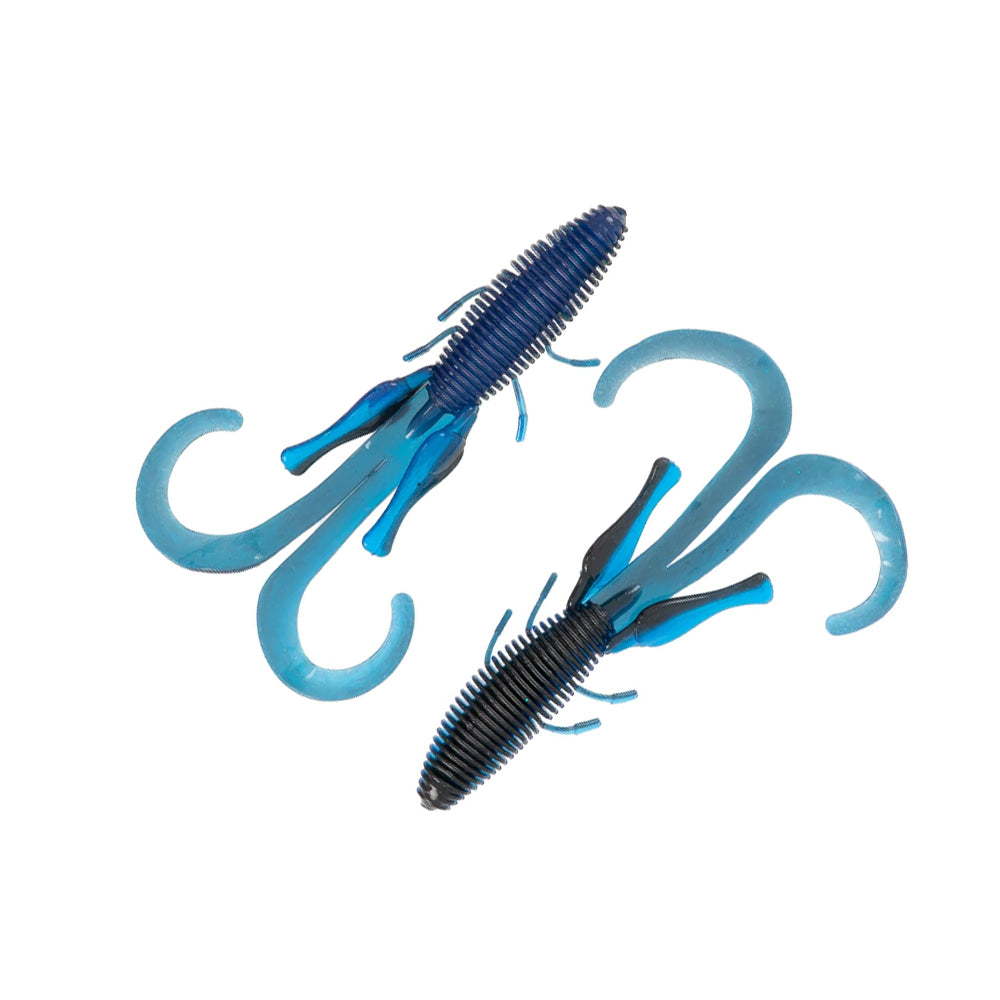 Two blue soft plastic Missile Baits D Stroyer lures from Missile Baits feature ribbed bodies, two curled tails, and multiple small aquatic-inspired appendages, shown on a white background.