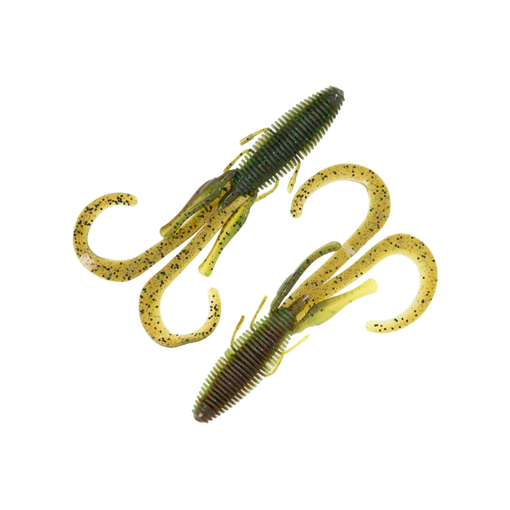 Two green/yellow Missile Baits Baby D Stroyer 5" lures from Missile Baits, with ribbed bodies, curled tails, and speckles, ideal as compact beaver baits. Shown on a white background.