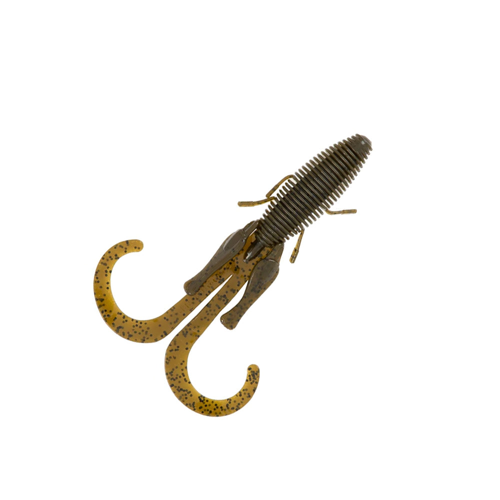 The Missile Baits D Stroyer by Missile Baits is a soft plastic beaver bait lure featuring a ribbed brown body and two curled, speckled yellow tails—ideal for Texas-rig setups, shown on a white background.