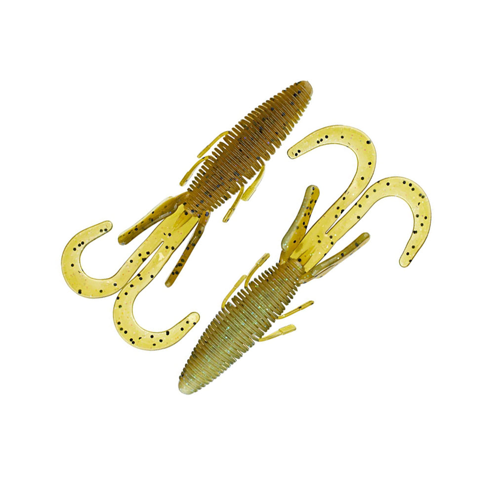 Two Missile Baits Baby D Stroyer 5" soft plastic lures, ribbed and olive green with black speckles, feature a beaver-inspired body and multiple curled appendages resembling claws or tails, displayed on a white background.