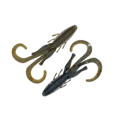 Missile Baits D Stroyer by Missile Baits features two soft plastic lures with ribbed bodies, curled tails, and multiple legs in greenish-brown with black speckles—perfect for Texas-rigs and beaver-style fishing.