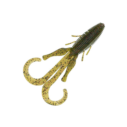 The Missile Baits D Stroyer by Missile Baits is a soft plastic beaver bait with a ribbed body, two curly tails, and multiple appendages in green and yellow with black speckles—ideal for Texas-rig setups and shown on a white background.