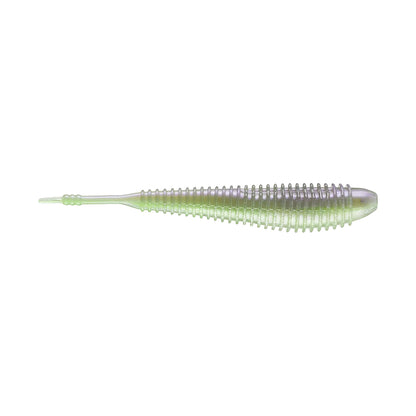 The Missile Baits Spunk Shad by Missile Baits is a pale green, soft plastic pintail swimbait with a ribbed body and slender tail, resembling a small grub. It's shown on a white background.