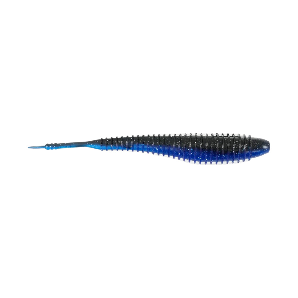 The Missile Baits Spunk Shad by Missile Baits is a soft plastic pintail swimbait with a ribbed, tapered body in dark blue and black, ending in a pointed tail. Ideal for use with a Chatterbait or solo for versatile action.