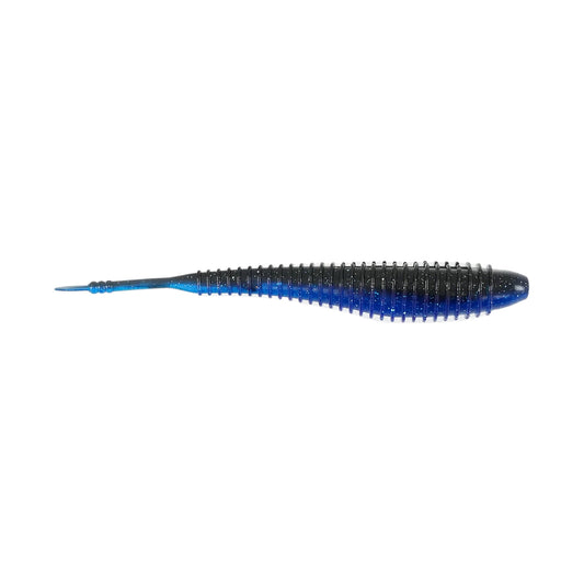 The Missile Baits Spunk Shad by Missile Baits is a soft plastic pintail swimbait with a ribbed, tapered body in dark blue and black, ending in a pointed tail. Ideal for use with a Chatterbait or solo for versatile action.