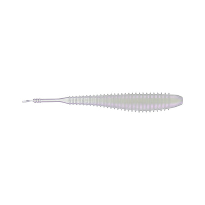 The Missile Baits Spunk Shad by Missile Baits is a translucent, ribbed soft plastic pintail swimbait with a tapering body and small forked tail, shown on a white background.