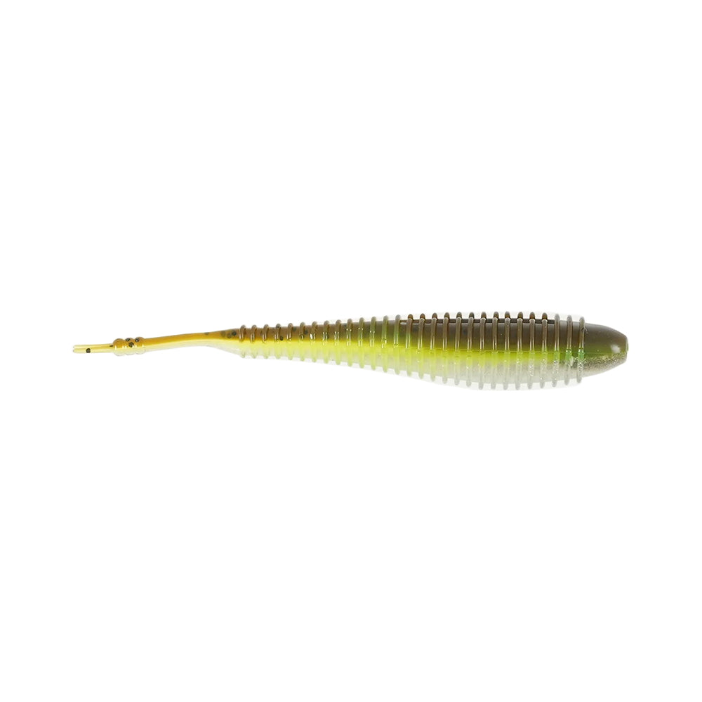 The Missile Baits Spunk Shad by Missile Baits is a soft plastic pintail swimbait featuring a ribbed, tapered body and small pointed tail, finished in green and brown hues.
