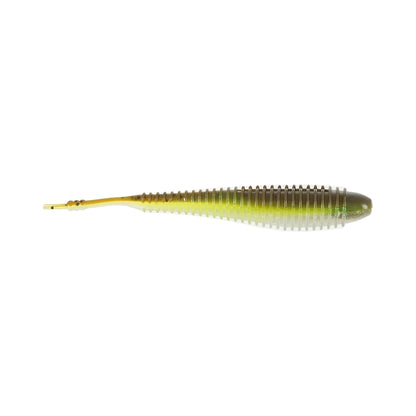 The Missile Baits Spunk Shad by Missile Baits is a soft plastic pintail swimbait featuring a ribbed, tapered body and small pointed tail, finished in green and brown hues.
